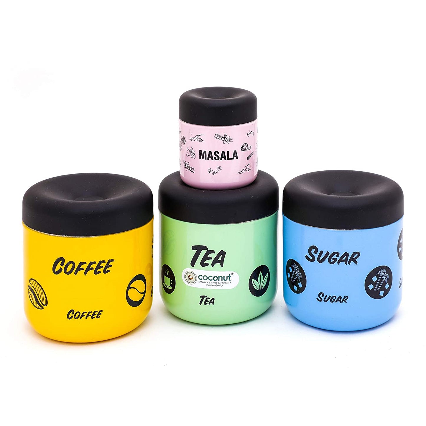 Coconut Stainless Steel Tea/Coffee/Sugar/Masala Containers, TCS -500 ml Each and Masala -100 ml, Multicolor -Set of 4