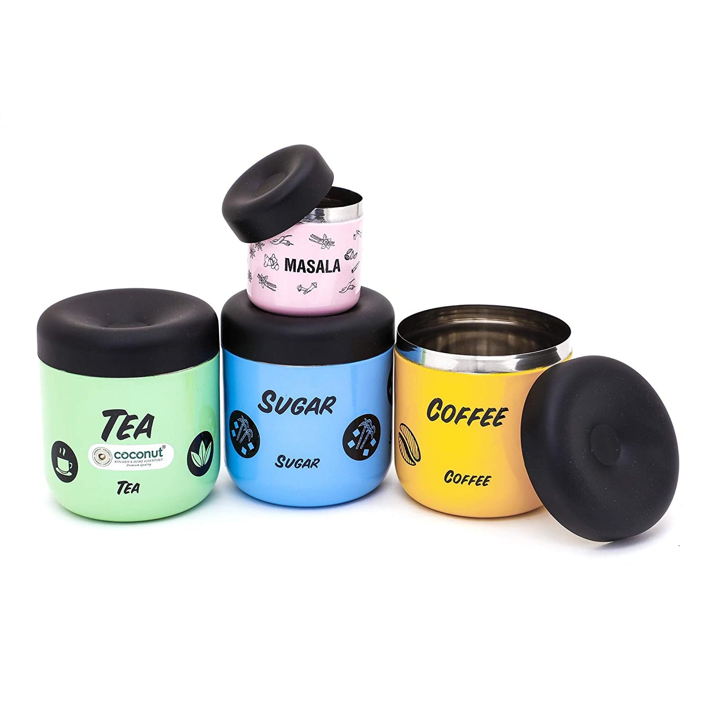 Coconut Stainless Steel Tea/Coffee/Sugar/Masala Containers, TCS -500 ml Each and Masala -100 ml, Multicolor -Set of 4