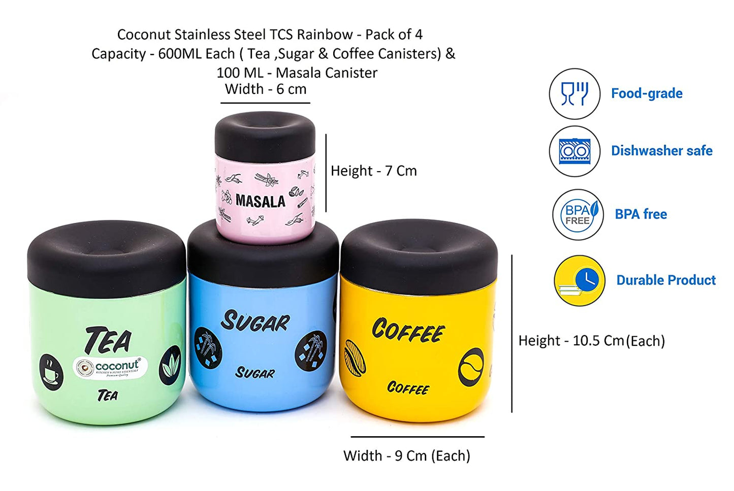 Coconut Stainless Steel Tea/Coffee/Sugar/Masala Containers, TCS -500 ml Each and Masala -100 ml, Multicolor -Set of 4