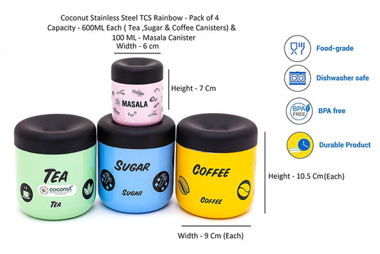 Coconut Stainless Steel Tea/Coffee/Sugar/Masala Containers, TCS -500 ml Each and Masala -100 ml, Multicolor -Set of 4