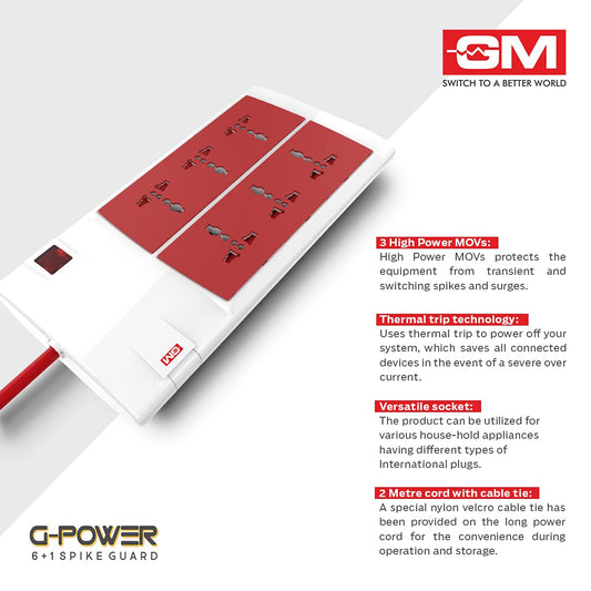 GM 3059 G-Power 6+1 Spike Adaptor with Master Switch, Indicator, Safety Shutter, International Sockets & Surge Protector