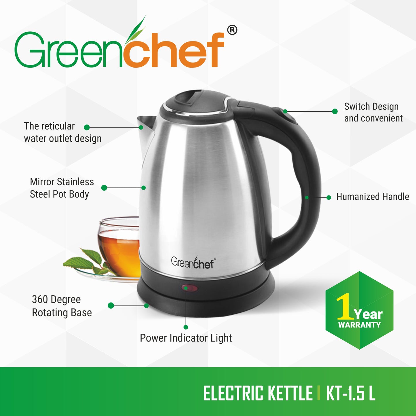 GreenChef SS Kettle 1.5ltrs