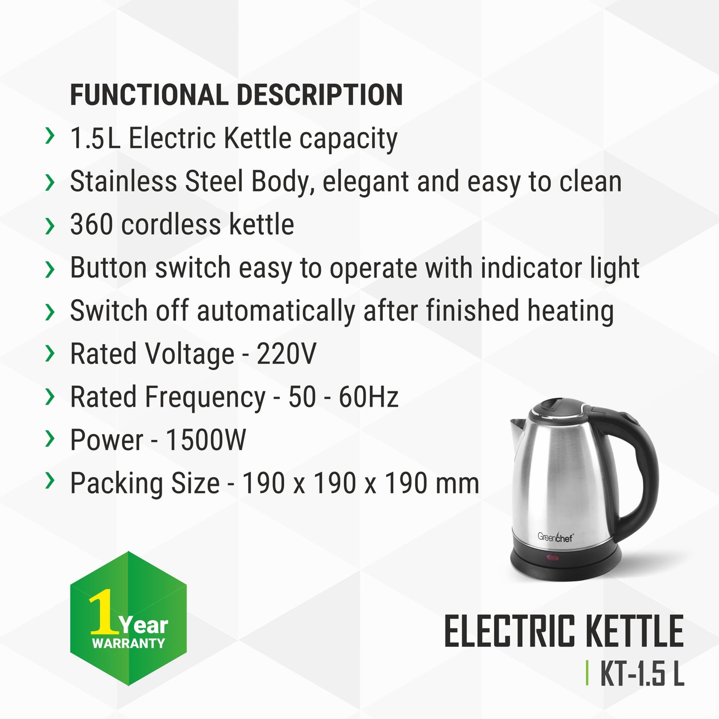 GreenChef SS Kettle 1.5ltrs