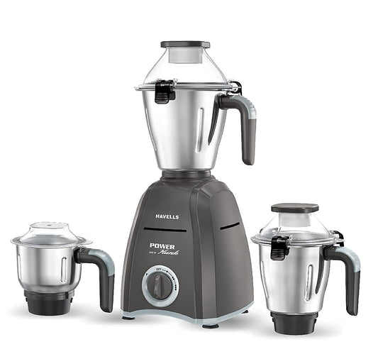 Havells Power Hunk 800 watt Mixer Grinder with 3 Wider mouth Stainless Steel Jar, Hands Free operation, SS-304 Grade Blade & 7 year motor warranty (Grey)