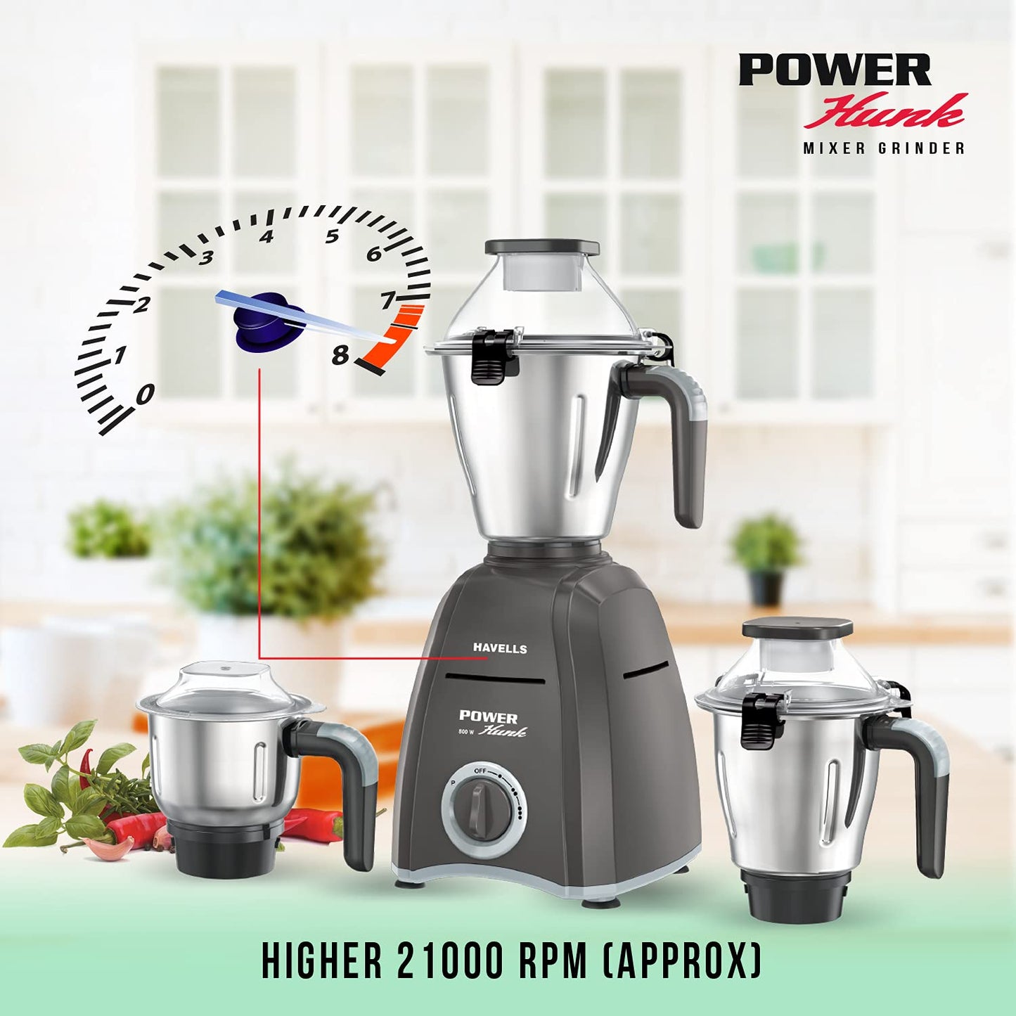 Havells Power Hunk 800 watt Mixer Grinder with 3 Wider mouth Stainless Steel Jar, Hands Free operation, SS-304 Grade Blade & 7 year motor warranty (Grey)