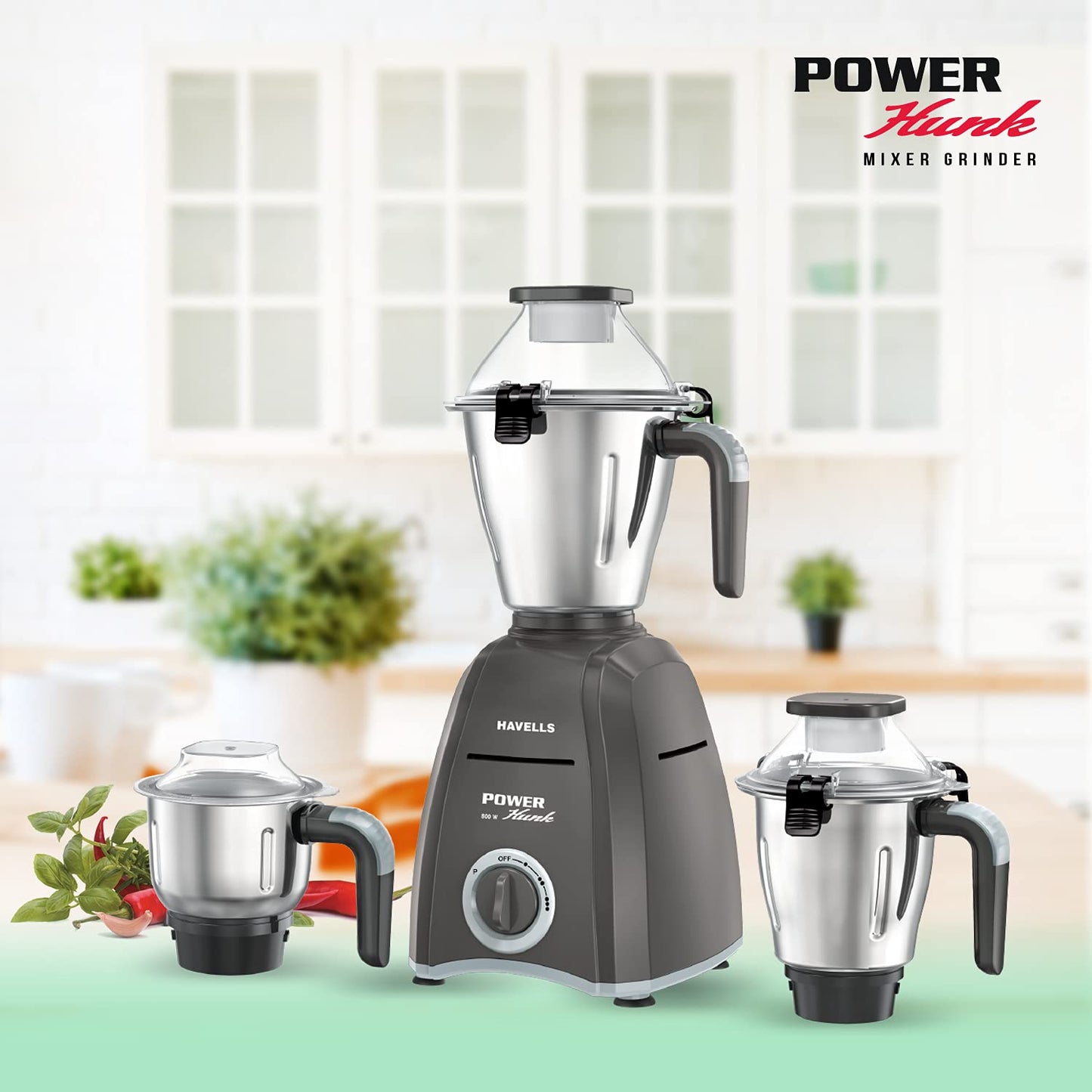 Havells Power Hunk 800 watt Mixer Grinder with 3 Wider mouth Stainless Steel Jar, Hands Free operation, SS-304 Grade Blade & 7 year motor warranty (Grey)