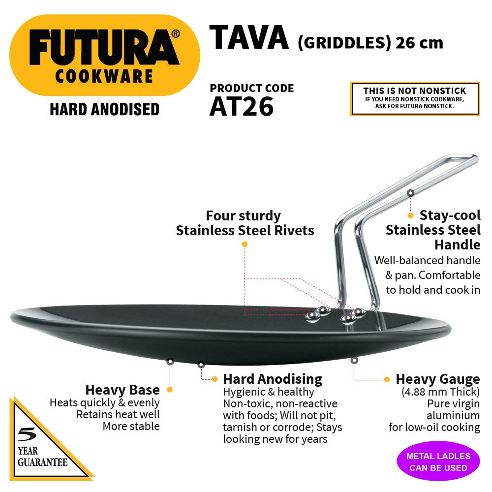Buy Hawkins Futura Hard Anodised Aluminium Flat Tawa - Induction Base, 26  cm, 4.88 mm, Stainless Steel Handle, IAFT26 Online at Best Price of Rs 1300  - bigbasket