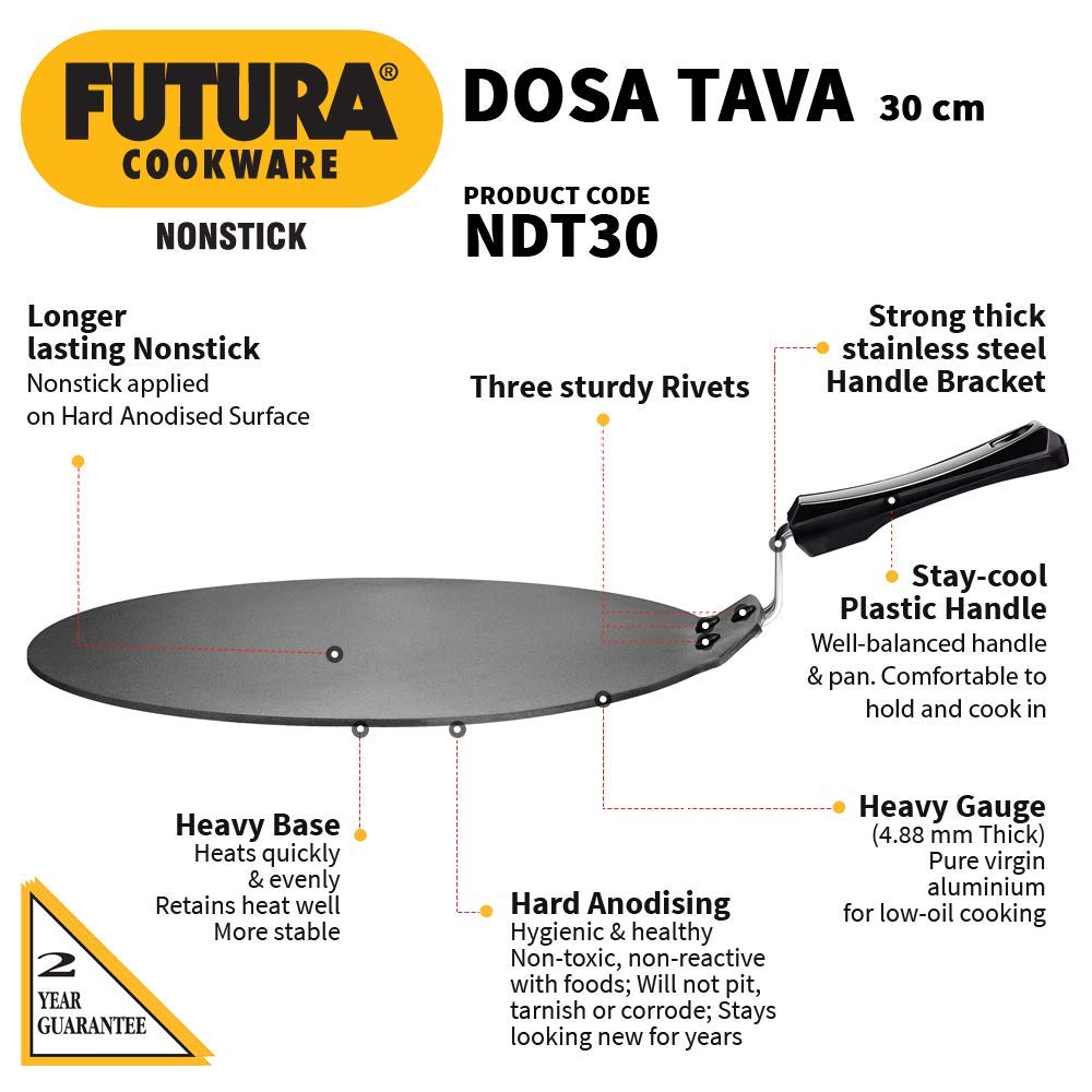 Hawkins Futura Nonstick stainless steel Dosa Tava- Diameter 30 cm, Thickness 4.88 mm, Black (NDT30)