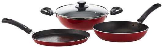 Pigeon by Stovekraft Carlo Induction Base Aluminium Cookware Gift Set, 4-Pieces, Red (Tawa,Fry Pan,Kadai,Glass Lid)