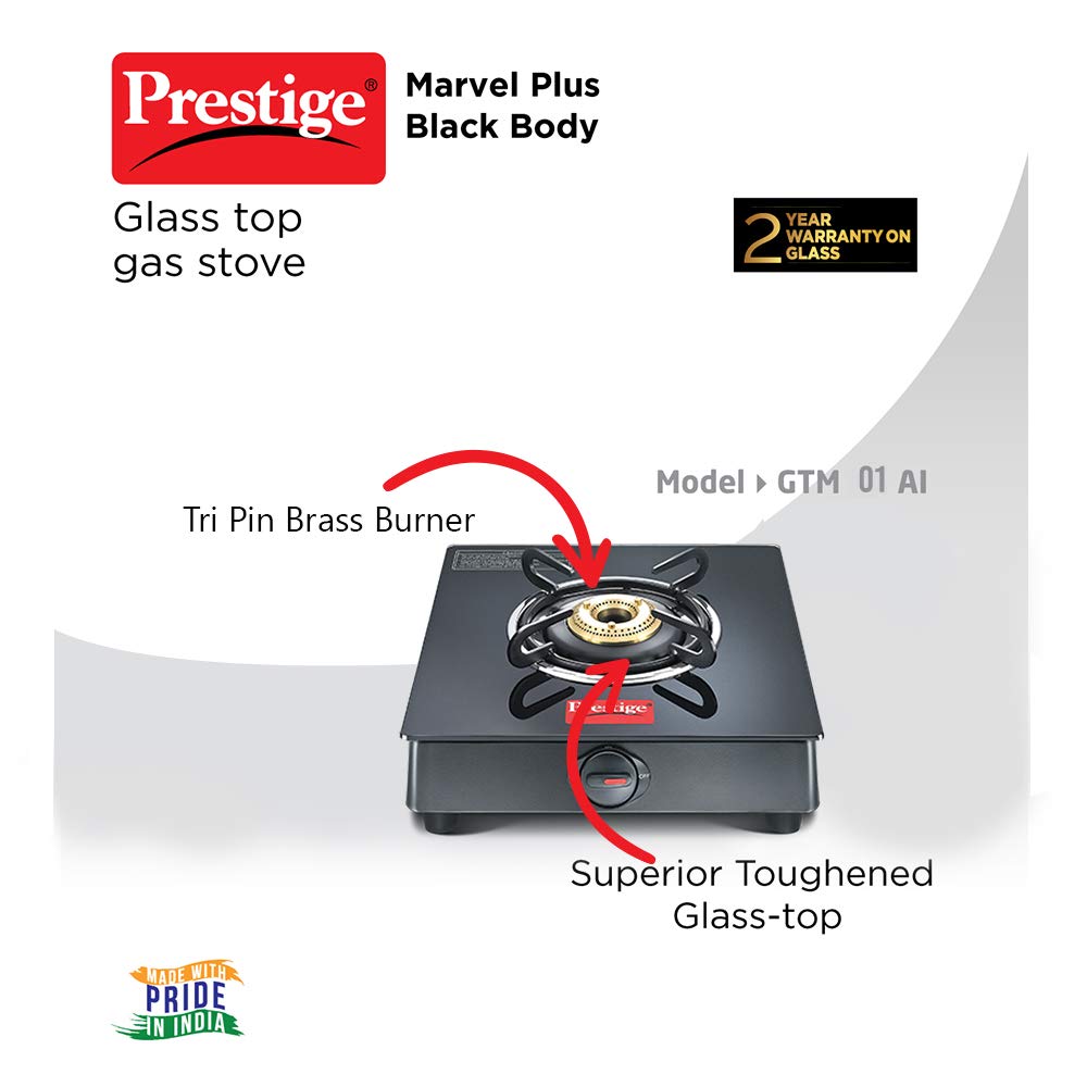 Prestige TTK Prestige Marvel Glass Top 1 Burner Gas Stove, Manual Ignition, Black