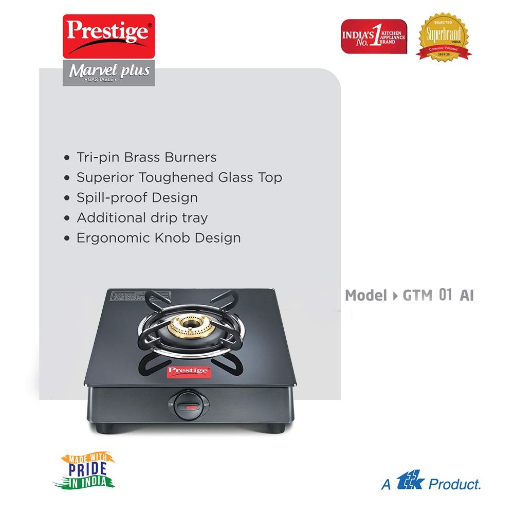 Prestige TTK Prestige Marvel Glass Top 1 Burner Gas Stove, Manual Ignition, Black