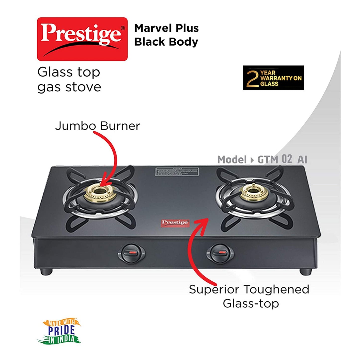 Prestige Marvel Plus 2 Burner Glass Top, Gas Stove (GTM 02, Black)