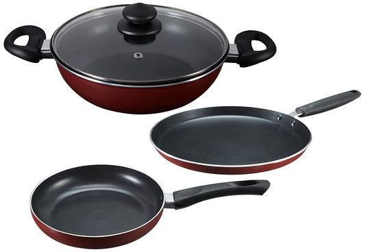 Prestige Omega Deluxe Induction Base Non-Stick Aluminium, Glass Kitchen Set, 3-Pieces, Red