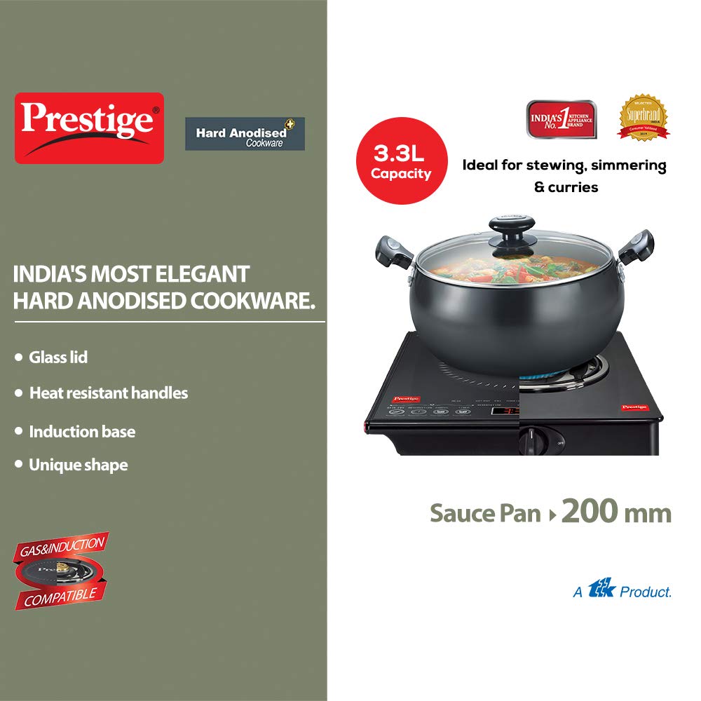 Prestige Hard Anodised Cookware Lifetime Induction Base Sauce Pan, 200mm, Black