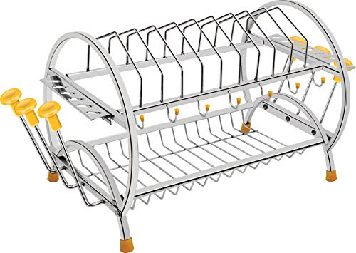 Priya Heavy Omega Shaped Stainless Steel 2 Shelf Kitchen Utensils Dish Rack with Plate & Cutlery Stand (Length-22 inch* Width-11 inch*Height-11 inch),Silver
