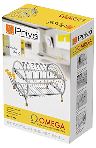 Priya Heavy Omega Shaped Stainless Steel 2 Shelf Kitchen Utensils Dish Rack with Plate & Cutlery Stand (Length-22 inch* Width-11 inch*Height-11 inch),Silver