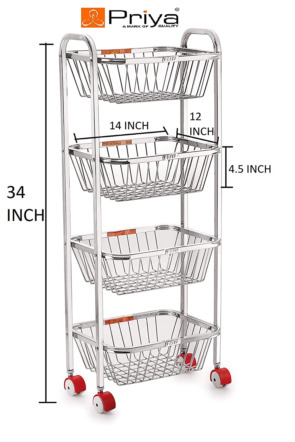 Priya 4 Layers Fruits, Vegetable Big Kitchen Trolley (White), Stainless Steel