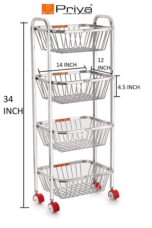 Priya 4 Layers Fruits, Vegetable Big Kitchen Trolley (White), Stainless Steel