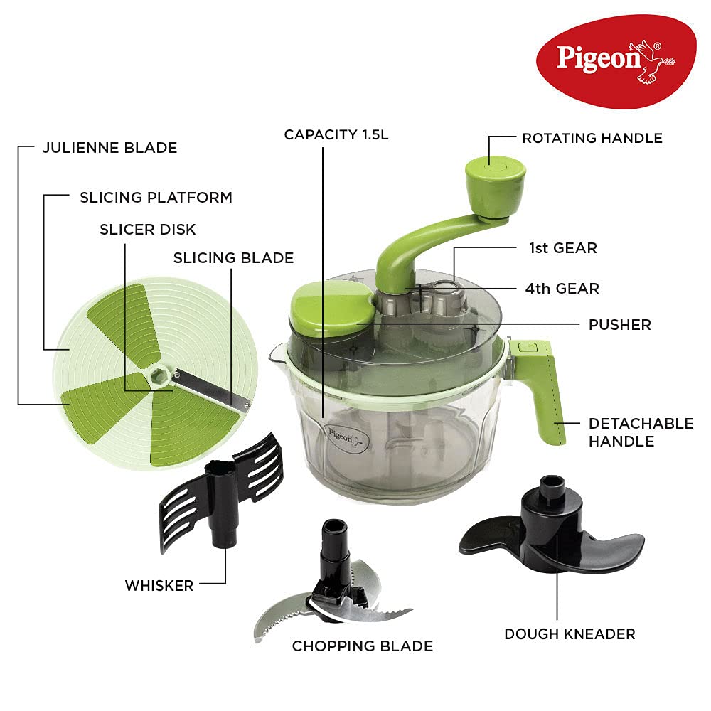 Pigeon Tornado Turbo Manual Chopper used for Chopping, Atta Kneader, Slicing, Shredding,and whipping - Bowl capacity 1.5 Litre (14691), green, large