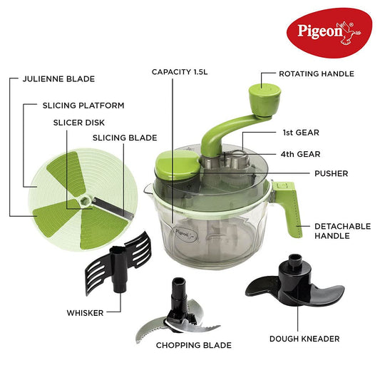 Pigeon Tornado Turbo Manual Chopper used for Chopping, Atta Kneader, Slicing, Shredding,and whipping - Bowl capacity 1.5 Litre (14691), green, large