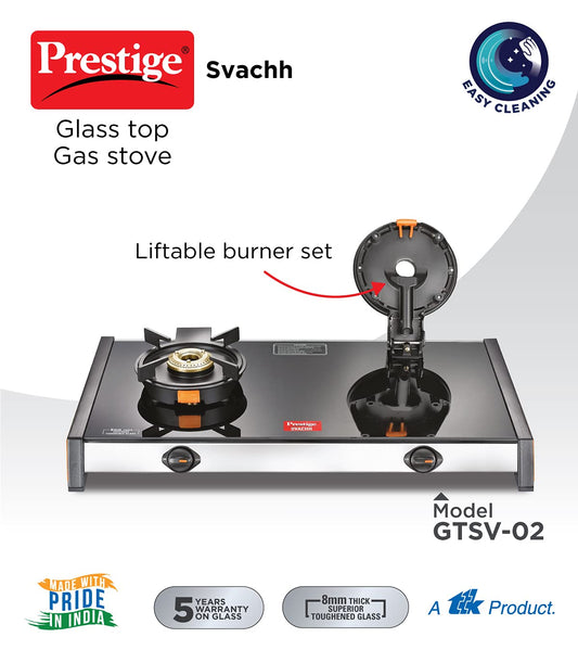 Prestige Svachh GTSV-02 Glass top LP Gas Table, 2 Burner, With Liftable Burner Set