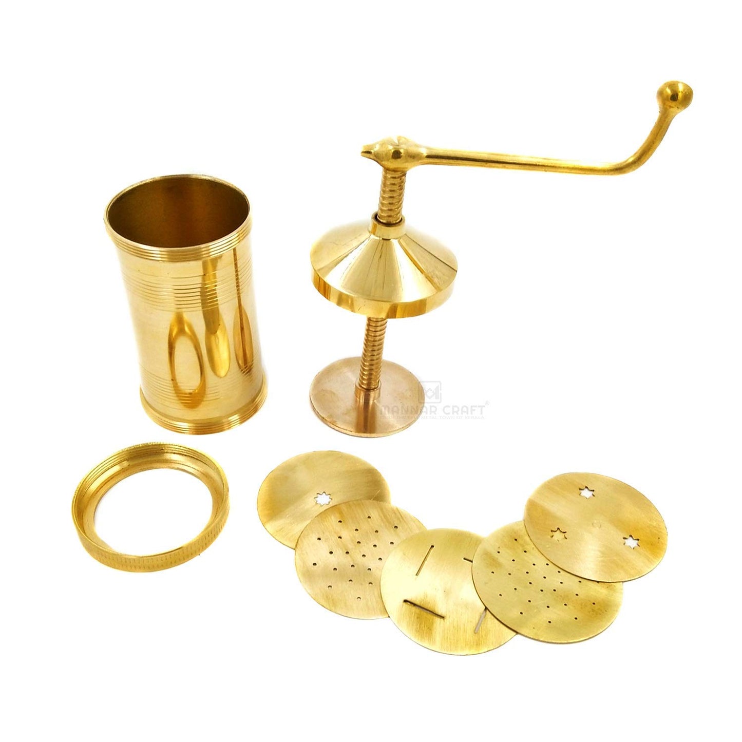 MANNAR CRAFT Brass Indian Made Sevanazhi Chakli Press/Sancha/Murukku/Gathiya/janthikulu/Idiyappam Maker Machine with Free 6 Different Jalis