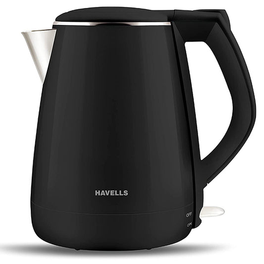 Havells Aqua Plus 1.2 litre Double Wall Kettle / 304 Stainless Steel Inner Body / Cool touch outer body / Wider mouth/ 2 Year warranty (Black, 1500 Watt)