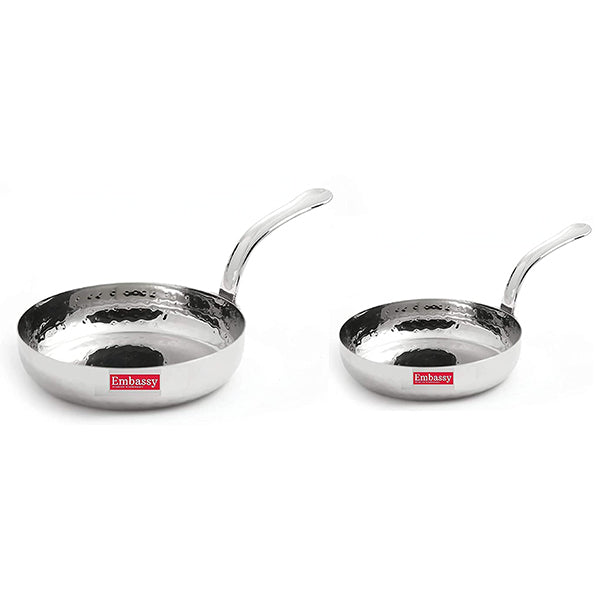 Embassy Stainless Steel Lilliput Hammered Fry Pan/Cook and Serve, Set of 2 (Size 1-250 ml, 12.2 cms; Size 2-500 ml, 15.7 cms)
