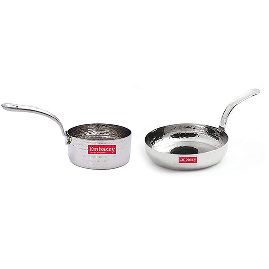 Embassy Stainless Steel Lilliput Hammered Sauce Pan and Fry Pan, Size 1, Set of 2, (Sauce Pan - 375 ml, 10.5 cms; Fry Pan - 250 ml, 12.2 cms)