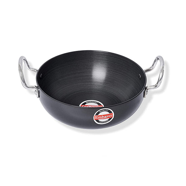 Embassy Hard Anodised Deep Kadhai/Fry Pan, 1.5 liters (Size 10, 19.5 cms), Gas Stovetop Compatible, Round Bottom, Black