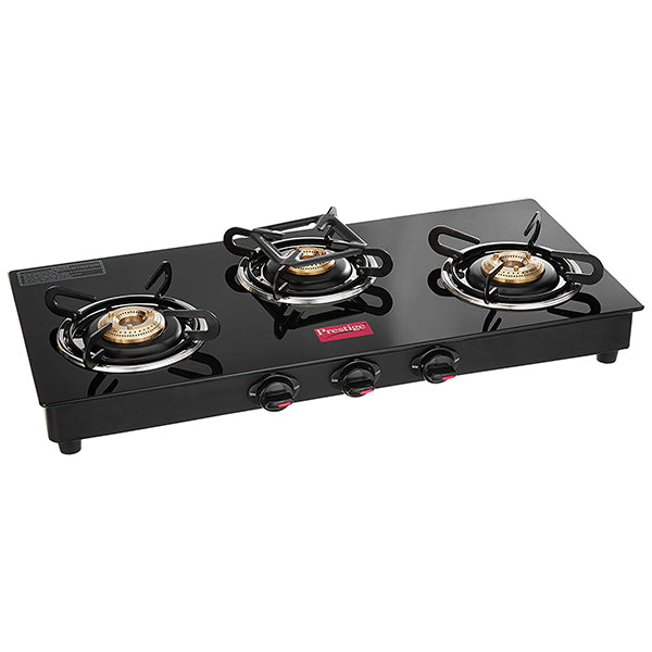 Prestige Marvel Glass Top 3 Burner Gas Stove, Manual Ignition, Black