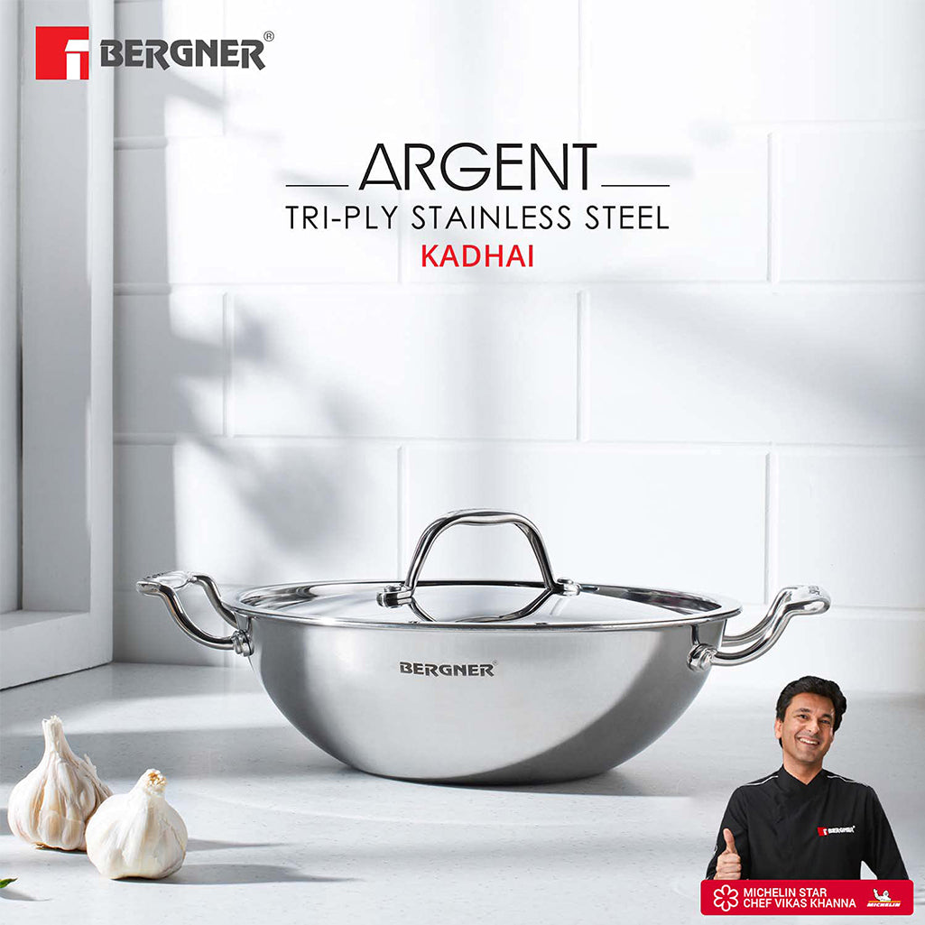 Bergner Argent Triply Stainless Steel  Deep Kadhai With Lid 2.3L\20cm