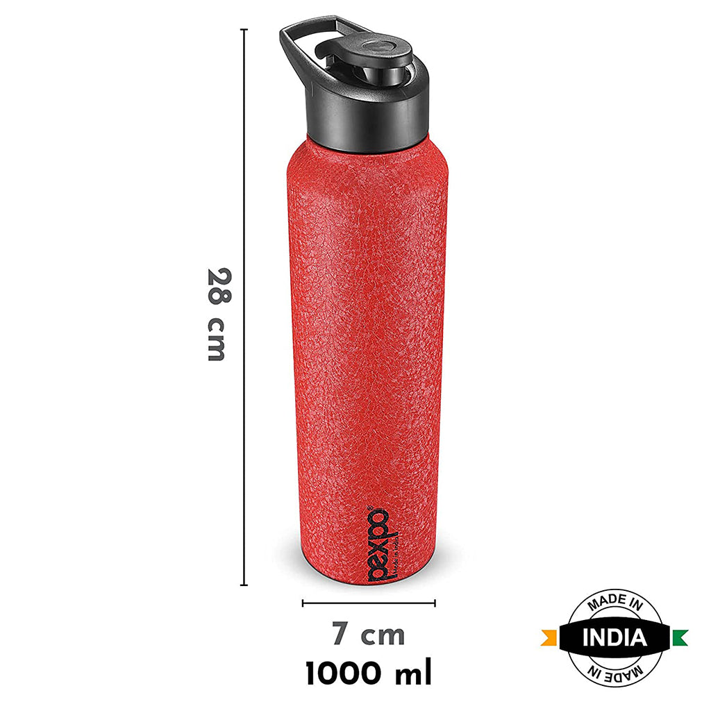 Pexpo Chromo 1000 ML Stainless Steel Sports Bottle 3X Durable Red Color (Red)