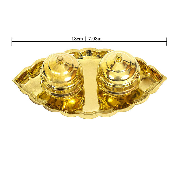 Brass Thali Kumkum Plate for Pooja/Worship 2 Bowl-Small Leaf
