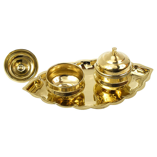 Brass Thali Kumkum Plate for Pooja/Worship 2 Bowl-Small Leaf