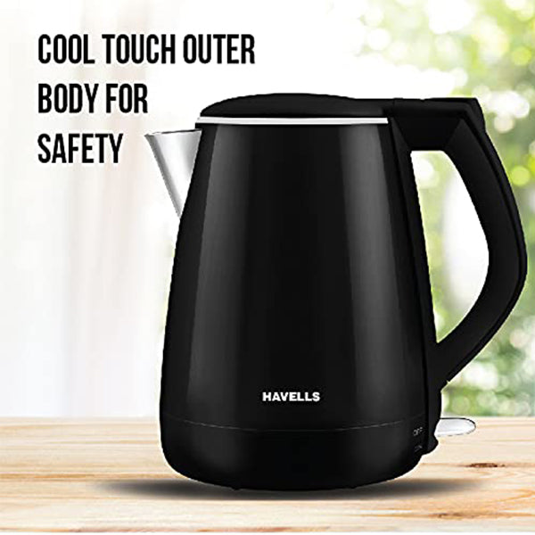 Havells Aqua Plus 1.2 litre Double Wall Kettle / 304 Stainless Steel Inner Body / Cool touch outer body / Wider mouth/ 2 Year warranty (Black, 1500 Watt)