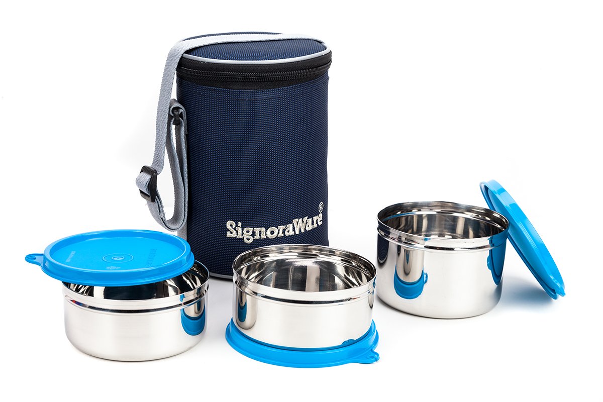 Signoraware Executive Stainless Steel Lunch Box Set, Set of 3, Blue