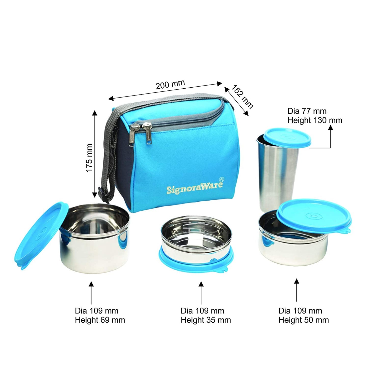 Signoraware Best Stainless Steel Lunch Box, Blue (500 Ml+350 Ml+200 Ml) | with Steel Tumbler 370 Ml