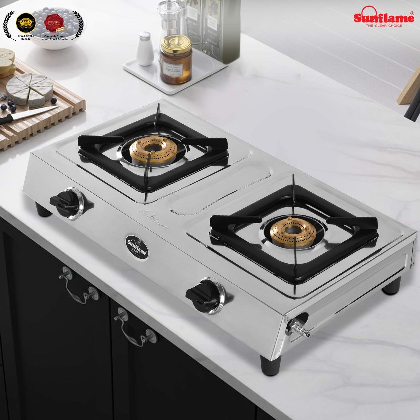 Sunflame 2B - Stainless Steel 2 Burner Gas Stove (Manual Ignition, 2 Brass Burners, Silver)
