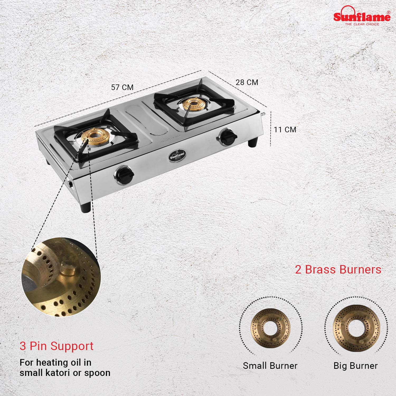 Sunflame shakti stainless steel deals 2 burner gas stove