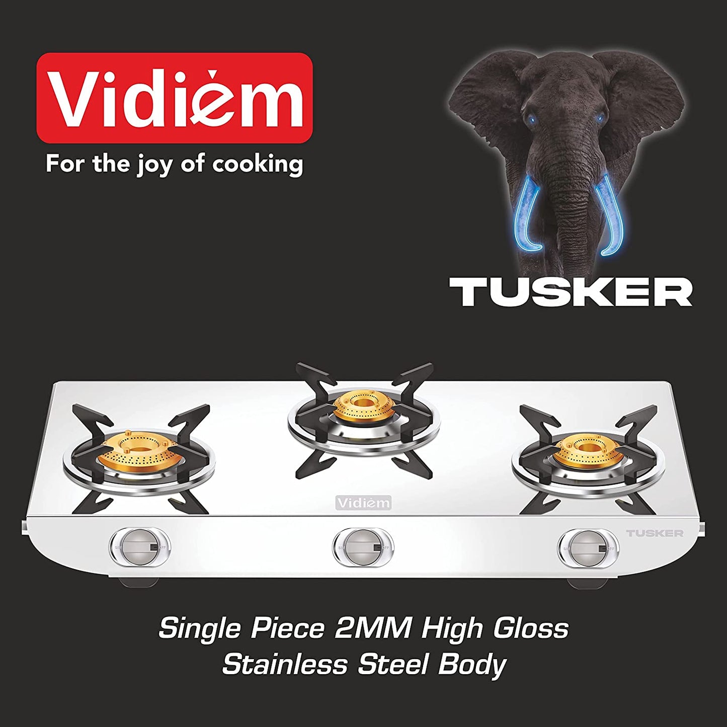 Vidiem Stainless Steel GS S3 225 A Tusker 3 Burner SS Gas Stove (Silver)